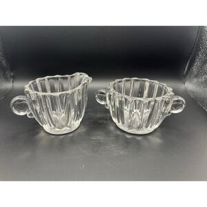 Vtg Jeannette Glass Depression Glass "National" creamer and sugar bowl set Clear
